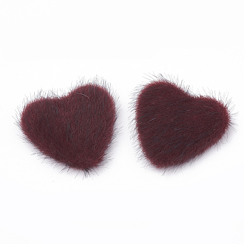 Faux Mink Fur Covered Cabochons, with Aluminum Bottom, Heart, Platinum, Coconut Brown, 25x26x6~7mm