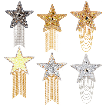Elite 6Pcs 6 Style Star Hotfix Resin Rhinestone(Hot Melt Adhesive On the Back), with Iron Tassel, for Dress, Shoes, Garment Decoration, Mixed Color, 139~150x80.5~85x2~3mm, 2pc/style