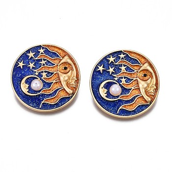 Flat Round Enamel Pin, Alloy Brooch with Crystal Rhinestone, Glitter Powder and ABS Plastic Imitation Pearl for Backpack Clothes, Nickel Free & Lead Free, Light Golden, Blue, 38mm