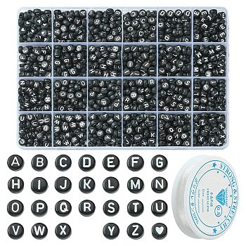 1200Pcs DIY Acrylic Bead Stretch Bracelets Kits for Children's Day, Including Flat Round Beads and Clear Elastic Crystal Thread, Letter & Heart, Black, 7x7x3.5mm, Hole: 1.2mm, 1200pcs/Box