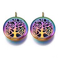 Rack Plating Alloy Locket Pendants, Diffuser Locket, with Magnetic, Cadmium Free & Nickel Free & Lead Free, Flat Round with Tree, Rainbow Color, 36x30x11mm, Hole: 4mm, Inner Diameter: 22mm(PALLOY-S119-114)