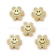 Rack Plating Brass Cubic Zirconia Beads, with Enamel, Real 18K Gold Plated, Long-Lasting Plated, Cadmium Free & Lead Free, Flower with Smiling Face, Clear, 13x14x5mm, Hole: 1.5mm(KK-M232-01G-A)