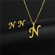 Golden Stainless Steel Initial Letter Jewelry Set, Stud Earrings & Pendant Necklaces, Letter N, No Size(IT6493-9)