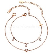 2Pcs 2 Style Flat Round Cubic Zirconia Charm Anklet with Cross, Women Gift for Summer Beach, Rose Gold, 7-1/2 inch(19cm), 7-1/2 inch(19cm), 2pcs/set(JA195A)