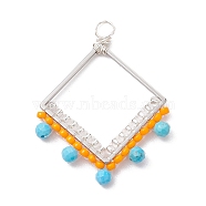Wire Wrapped Natural Magnesite & Glass Bead Pendants, 201 Stainless Steel Rhombus Charm, 37x28x2mm, Hole: 4mm(PALLOY-MZ00199)