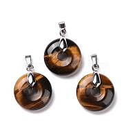 Natural Tiger Eye Pendants, with Platinum Tone Brass Findings, Cadmium Free & Lead Free, Donut/Pi Disc, 24~25x20x8.5mm, Hole: 8x5mm(G-E059-01P-01)