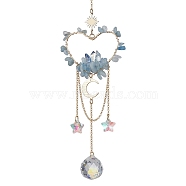 Natural Aquamarine Chip Beads with Brass Finding Pendant Decorations, Heart Hanging Suncatcher, 260mm(HJEW-JM01815-01)