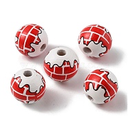 Christmas Theme Printed Wood Beads, Round with Brick Pattern, Red, 15x16mm, Hole: 3.7mm(WOOD-A021-02)