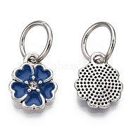 Enamel Style Flower Alloy Rhinestone Charms, with Iron Findings, Antique Silver, Midnight Blue, 13.5x11x3mm, Hole: 6mm(X-ENAM-S085-02)