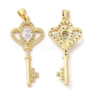 Brass Micro Pave Cubic Zirconia Pendants, Lead Free & Cadmium Free, Skeleton Key Charms, Real 18K Gold Plated, 36x16x4.5mm, Hole: 5.5x3mm(KK-M249-18G)