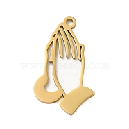 304 Stainless Steel Pendants, Laser Cut, Real 18K Gold Plated, Praying Hands, 23x13.5x1mm, Hole: 1mm(STAS-S123-03G-01)