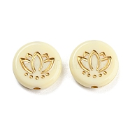 Plating Acrylic Beads, Golden Metal Enlaced, Flat Round with Lotus Pattern, Lemon Chiffon, 13.5x3.5mm, Hole: 1.8mm, about 877pcs/500g(OACR-A024-01A)