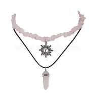 2Pcs 2 Style Natural Rose Quartz Bullet & Alloy Sun Pendant Necklaces Set, with Chips Beaded Chains, 12.80~17.72 inch(32.5~45cm), 1Pc/style(NJEW-JN04514-04)