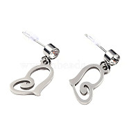 201 Stainless Steel Dangle Stud Earrings, with Clear Cubic Zirconia, Heart, Stainless Steel Color, 20mm, Pin: 0.8mm(EJEW-T008-JN737)
