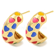 Rack Plating Brass Stud Earrings, with Enamel, Cadmium Free & Lead Free, Long-Lasting Plated, Half Round with Heart, Real 18K Gold Plated, 22x9mm(EJEW-C102-38G)