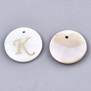 Natural Freshwater Shell Pendants, with Golden Plated Brass Etched Metal Embellishments, Flat Round with Letter, Letter.K, 15x2mm, Hole: 1.2mm(SHEL-N027-04K)