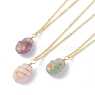 Teardrop Natural Mixed Stone Pendant Necklace, Spiral Wire Wrap Stone Bead Necklace, Golden, 17.91~18.62 inch(45.5~47.3cm)(NJEW-JN03763)