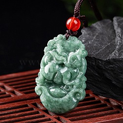 Natural Jadeite Pendant Necklaces, with Resin Bead and Wax Rope, the 12 Chinese Zodiac, Rabbit, 26.77 inch(68cm), Pendant: 35x23mm(G-H306-05-04)
