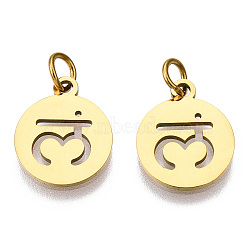 304 Stainless Steel Charms, with Jump Ring, Flat Round with Ohm/Aum Charm, Golden, 14x12x1.1mm, Hole: 3mm(STAS-Q201-T446G-03)