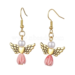 Angel Antique Golden Alloy & Resin Dangle Earrings, Imitation Pearl Acrylic Drop Earrings, Pink, 45x21.5mm(EJEW-JE05686-09)