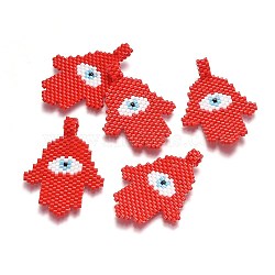 (Holiday Stock-Up Sale)Handmade Japanese Seed Beads Pendants, with Japan Import Thread, Loom Pattern, Hamsa Hand/Hand of Fatima/Hand of Miriam with Evil Eye, Red, 38~40x27~28x2mm, Hole: 1.8mm(SEED-L008-050B)
