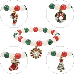 Resin Round Beaded Stretch Bracelet with Alloy Enamel Christmas Charms, Mixed Shapes, Inner Diameter: 2-1/8 inch(5.25cm)(BJEW-JB09525)
