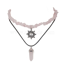 2Pcs 2 Style Natural Rose Quartz Bullet & Alloy Sun Pendant Necklaces Set, with Chips Beaded Chains, 12.80~17.72 inch(32.5~45cm), 1Pc/style(NJEW-JN04514-04)