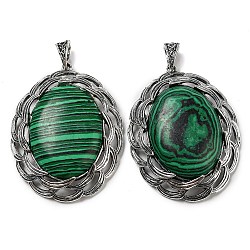 Synthetic Malachite Big Pendants, Tibetan Style Antique Silver Plated Alloy Oval Charms, 61x47x12~14mm, Hole: 8.5x5.5mm(G-C104-01B-AS)