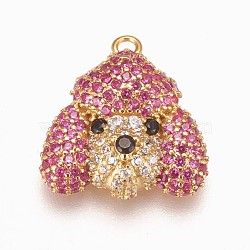 Brass Micro Pave Cubic Zirconia Puppy Pendants, Poodle Dog Charm, Hot Pink, Golden, 15x14.5x5mm, Hole: 1.2mm(ZIRC-K078-03G)