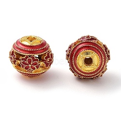 Alloy Enamel Beads, Round with Flower, Golden, Red, 12x11mm, Hole: 2mm(ENAM-B001-08L-03)
