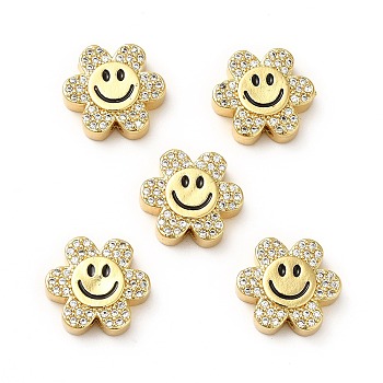 Rack Plating Brass Cubic Zirconia Beads, with Enamel, Real 18K Gold Plated, Long-Lasting Plated, Cadmium Free & Lead Free, Flower with Smiling Face, Clear, 13x14x5mm, Hole: 1.5mm
