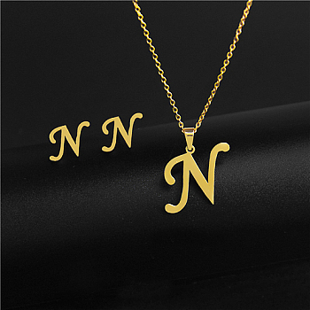 Golden Stainless Steel Initial Letter Jewelry Set, Stud Earrings & Pendant Necklaces, Letter N, No Size