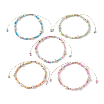 Natural Pearl & Glass Seed Braided Bead Bracelet, Nylon Adjustable Bracelet, Mixed Color, Inner Diameter: 1-7/8~3-1/8 inch(4.7~8cm)