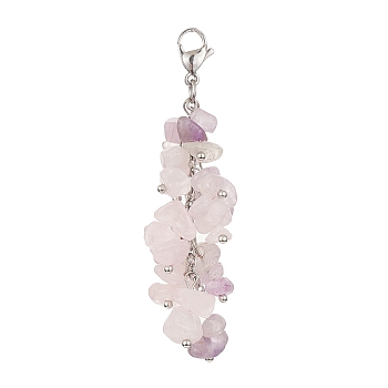 Natural Rose Quartz & Amethyst Chip Beaded Pendant Decorations, 304 Stainless Steel Lobster Claw Clasps, 66~69mm