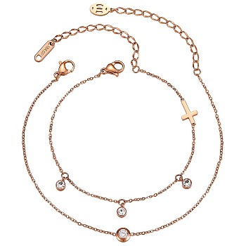 2Pcs 2 Style Flat Round Cubic Zirconia Charm Anklet with Cross, Women Gift for Summer Beach, Rose Gold, 7-1/2 inch(19cm), 7-1/2 inch(19cm), 2pcs/set