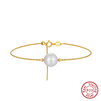 925 Sterling Silver Bangle with Natural Pearl Beaded, with S925 Stamp, Real 14K Gold Plated, 6-7/8 inch(17.5cm)
