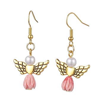 Angel Antique Golden Alloy & Resin Dangle Earrings, Imitation Pearl Acrylic Drop Earrings, Pink, 45x21.5mm