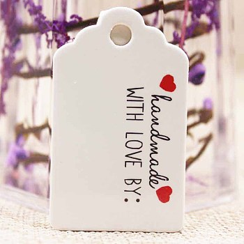 Paper Gift Tags, Hange Tags, For Arts and Crafts, For Wedding, Valentine's Day, Rectangle with Word Handmade with Love, White, 50x30x0.4mm, Hole: 5mm