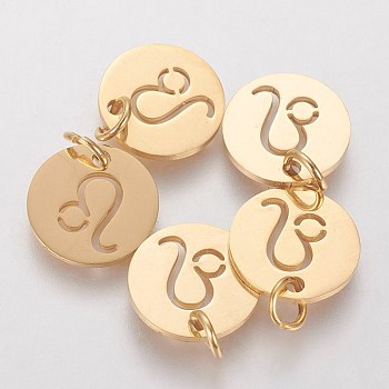304 Stainless Steel Pendants, with Jump Ring, Laser Cut, Flat Round with Constellation/Zodiac Sign, Golden, Leo, 12x1mm, Hole: 3mm