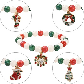 Resin Round Beaded Stretch Bracelet with Alloy Enamel Christmas Charms, Mixed Shapes, Inner Diameter: 2-1/8 inch(5.25cm)