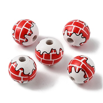 Christmas Theme Printed Wood Beads, Round with Brick Pattern, Red, 15x16mm, Hole: 3.7mm