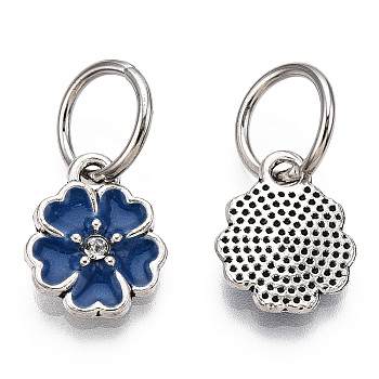 Enamel Style Flower Alloy Rhinestone Charms, with Iron Findings, Antique Silver, Midnight Blue, 13.5x11x3mm, Hole: 6mm