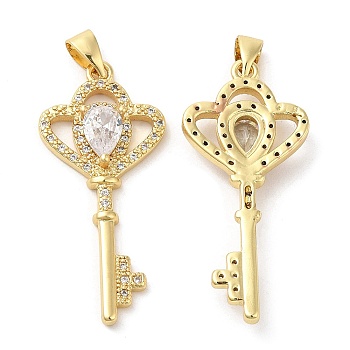 Brass Micro Pave Cubic Zirconia Pendants, Lead Free & Cadmium Free, Skeleton Key Charms, Real 18K Gold Plated, 36x16x4.5mm, Hole: 5.5x3mm