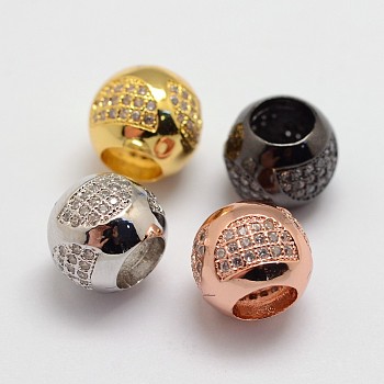 Brass Micro Pave Cubic Zirconia Beads, Round, Lead Free & Nickel Free, Large Hole Beads, Mixed Color, 10x8.5mm, Hole: 5.5mm