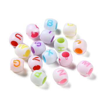 Opaque Acrylic European Beads, Craft Style, Large Hole Beads, Barrel with Letter, Mixed Color, 9x8mm, Hole: 5mm, about 1500pcs/500g