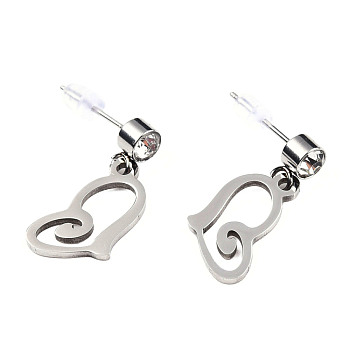 201 Stainless Steel Dangle Stud Earrings, with Clear Cubic Zirconia, Heart, Stainless Steel Color, 20mm, Pin: 0.8mm