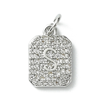 Rack Plating Brass Micro Pave Clear Cubic Zirconia Charms, Long-Lasting Plated, Lead Free & Cadmium Free, Rectangle with Letter Pattern, with Jump Ring, Platinum, Letter S, 14x9.5x2mm, Hole: 3mm