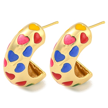 Rack Plating Brass Stud Earrings, with Enamel, Cadmium Free & Lead Free, Long-Lasting Plated, Half Round with Heart, Real 18K Gold Plated, 22x9mm