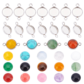 CHGCRAFT DIY Flat Round Stone Pendant Making Kit, Including Natural & Synthetic Mixed Stone Cbochons, 304 Stainless Steel Cabochons Settings, Mixed Color, Stone Cabochon: 30pcs/box
