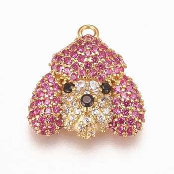Brass Micro Pave Cubic Zirconia Puppy Pendants, Poodle Dog Charm, Hot Pink, Golden, 15x14.5x5mm, Hole: 1.2mm